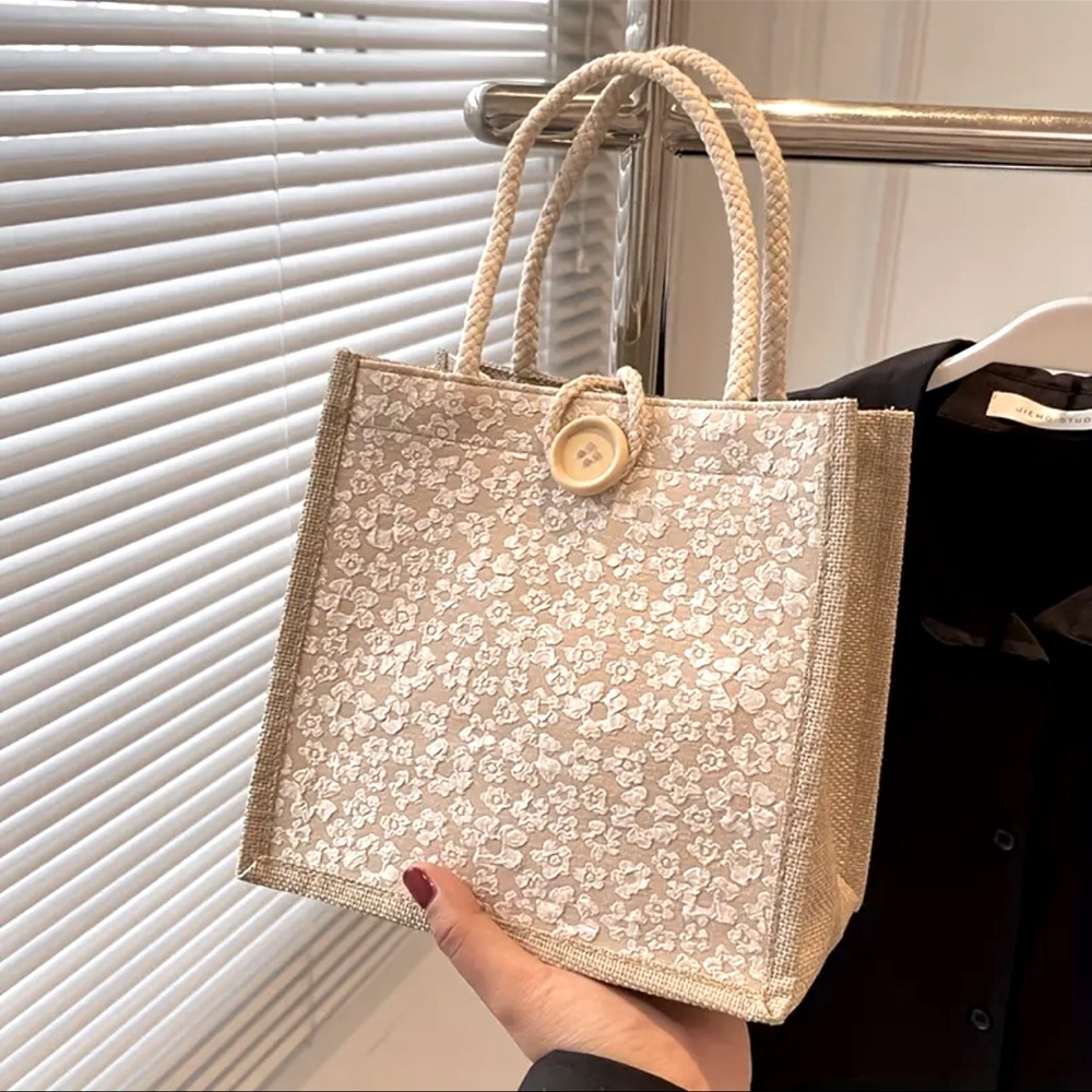 LEELA shabby Chic Burlap Vintage Style Tote Handbag Boho